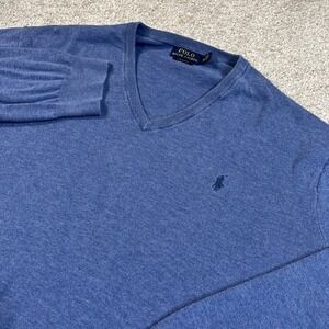 Polo Ralph Lauren XXL Blue V-Neck‎ Sweater Pima Cotton Knit Pullover Long Sleeve